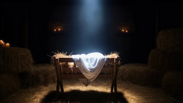 Empty Manger with White Cloth Under Soft Spotlight in Dark Barn