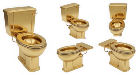 Collection of five golden toilets shown from different angles isolated on transparent background