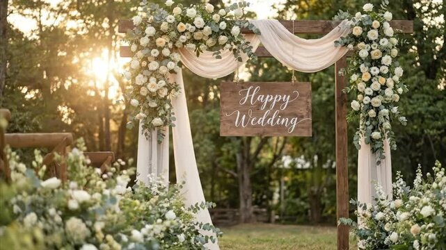 A beautifully adorned wooden archway stands outdoors, bathed in the soft, golden light of late afternoon, creating a dreamlike atmosphere. Lush floral arrangements featuring elegant white and cream ro