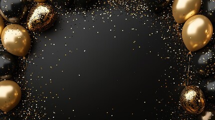 Black and gold balloon arch with confetti on black background, 3D rendering illustration with 2/3 copy space, luxurious festive vibe, ideal for birthday parties and various event decorations.