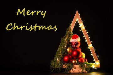 Modern DIY wooden Christmas tree with LED lights, moss, red balls and ornaments on a neutral background