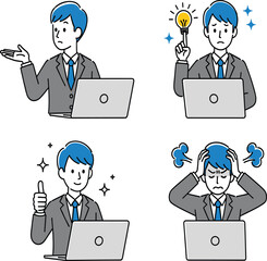 Set of Businessman Character Expressions Working on Laptop Including Idea Generation Problem Solving Thumbs Up and Stress Vector.