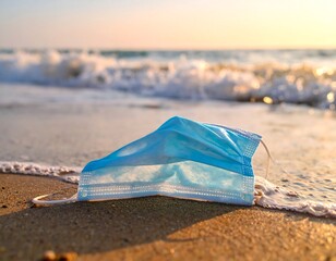 A blue protective face covering washed up on a beach, waves and sunset in background