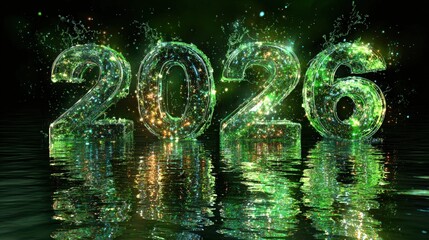 Glowing crystalline numbers displaying the year two thousand twenty six emerge from dark reflective water
