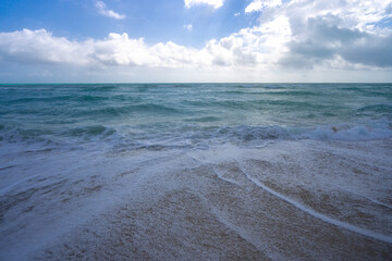 Sea waves background. Summer ocean water motion. Ocean splash wave background. Deep blue sea beach. Turquoise wave. Dreamy sea beach. Beautiful sea beach waves.