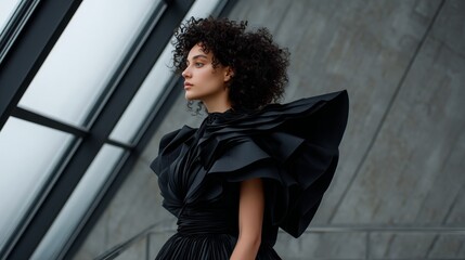 Woman wearing black ruffled dress standing in front of glass building.
