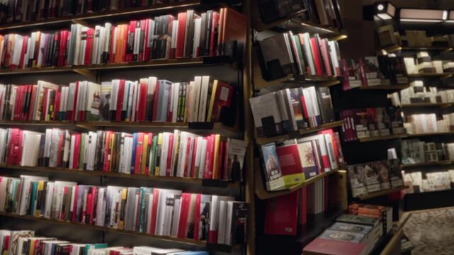 Bookshop shelves filled with books in soft defocused bokeh interior; background backplate copyspace calm.