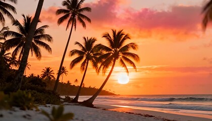 Tropical beach sunset with palm trees and ocean waves, serene getaway nature scenery sunset, waves, sand, sky.