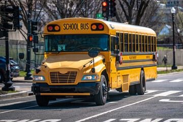 The yellow school bus waits at the traffic light. Students ride the school bus every morning. The bus transports children safely to school. City streets guide the school bus route.