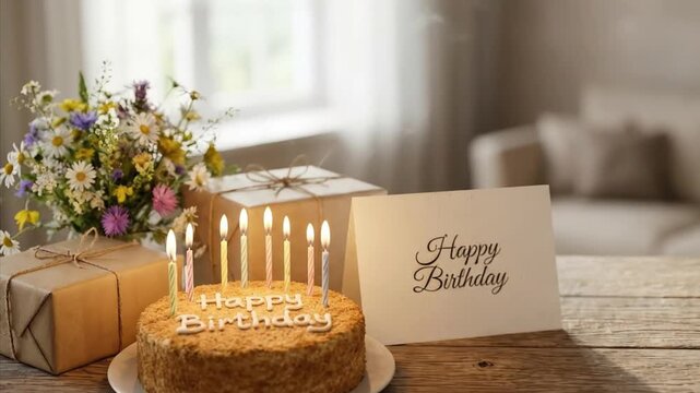 A beautifully decorated birthday cake, adorned with colorful lit candles, takes center stage on a rustic wooden table. It is surrounded by thoughtfully wrapped gifts tied with natural twine, a charmin