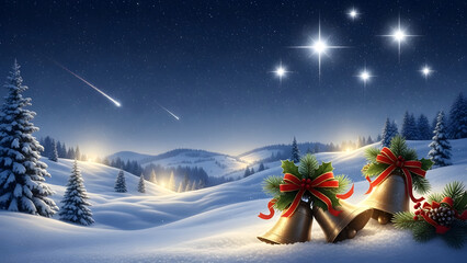 Christmas tree with gifts in a snowy winter forest holiday scene