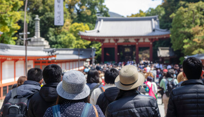 観光客・参拝客でにぎわう日本の神社仏閣　大勢の人々の後ろ姿　観光・旅行・正月・初詣の背景