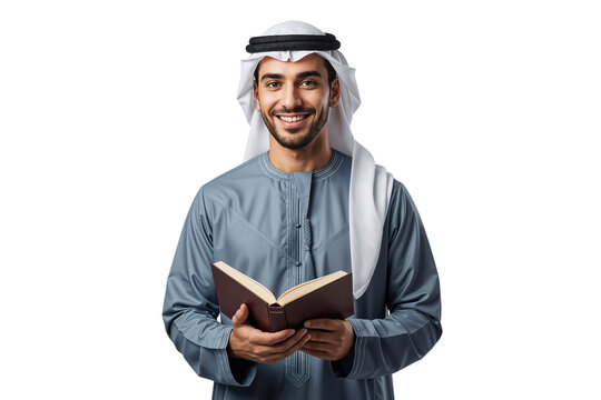 Smiling Saudi man in a traditional clothes holding an open book, isolated on transparent background