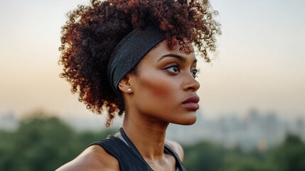 Woman athlete running in city at sunset.