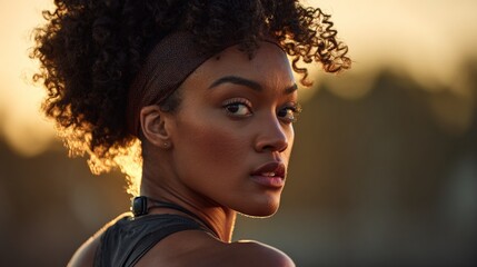 Woman athlete in silhouette at sunset.