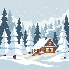 Fototapeta premium Cozy winter cabin nestled in a snowy forest with smoke rising from the chimney