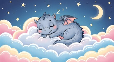 Fototapeta premium Sweet sleeping baby dragon with big closed eyes on soft clouds at night, great for storybooks, nursery decor, and whimsical art.