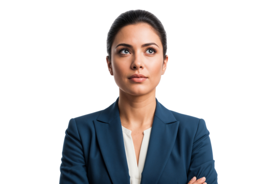 Thoughtful businesswoman with arms crossed and looking up, isolated on transparent background, png - Powered by Adobe