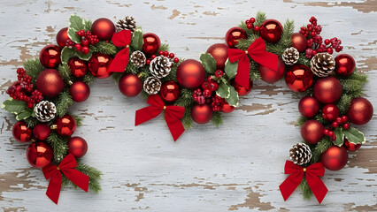 Festive Christmas wreath with red berries on a rustic wooden background for holiday decoration