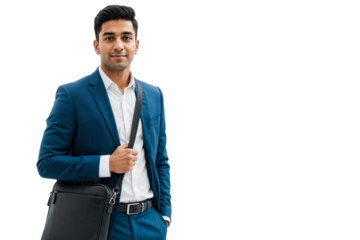 Portrait of a smiling Indian businessman in a blue suit holding a leather bag, ready for meeting with client, isolated on transparent background