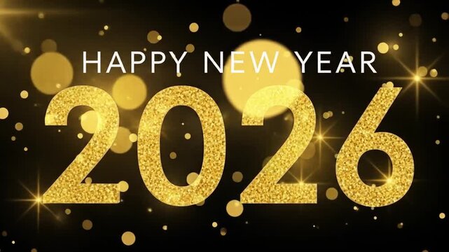 Flat illustration of Happy New Year 2026 greeting with gold glitter and lights on a black background. 4k video