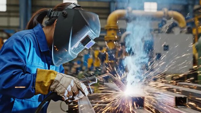 A person wearing a welding mask and protective gear is welding metal. Sparks and bright light emanate from the welding process.