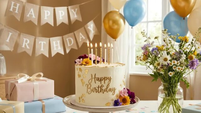 A beautifully styled celebratory setting featuring a meticulously decorated white cake, adorned with delicate colorful floral accents and five brightly lit candles. The cake prominently displays elega