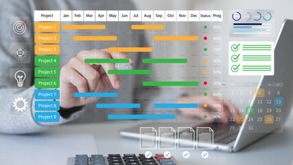 Professional entrepreneur businessman working on project management dashboard report data analysis progress planning future business corporate next year