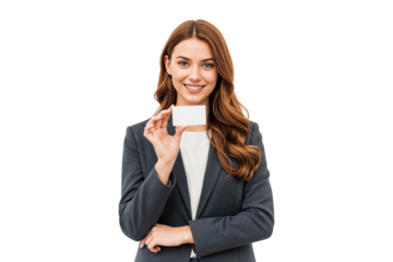 Portrait of a smiling business woman holding a blank card, isolated on transparent background, png
