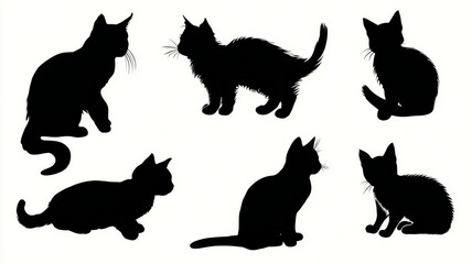 Set of little cat silhouettes in various playful poses, vector illustration of kittens for creative projects, backgrounds, and children&rsquo;s designs