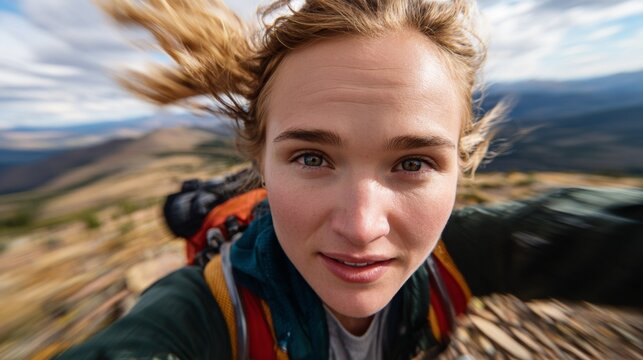Woman hiking in mountainous area, taking selfie with camera.