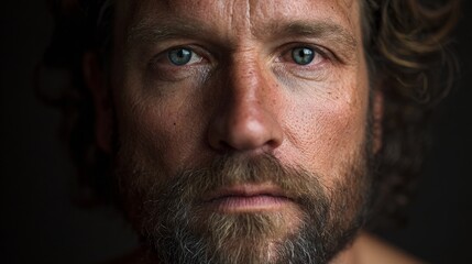 Fototapeta premium Man with beard and mustache looking intently at camera.