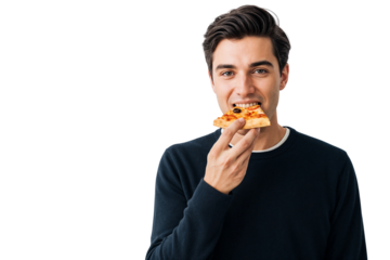 Smiling young man enjoys a slice of pepperoni pizza, isolated on transparent background