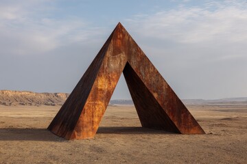 Rust-colored triangular structure in desert