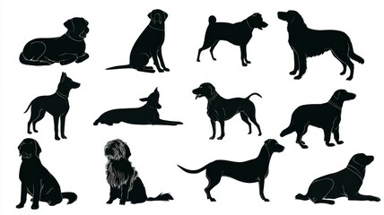 Set of pet dog silhouettes in various poses, flat vector illustration isolated on white background for design, decoration, and creative projects