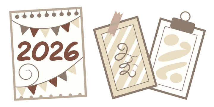 Cute 2026 new year design with banners and decorative elements in neutral colors