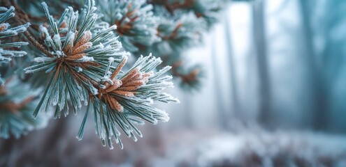 Close-up of frost-covered evergreen branch against a blurred, misty forest backdrop. Cold, wintry scene