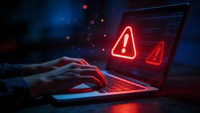Hands typing on laptop with warning icons - Powered by Adobe