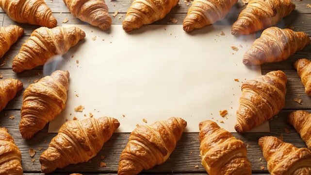 A captivating top-down view showcases an inviting arrangement of golden-brown, freshly baked croissants. These delicious pastries are artfully placed to form a circular frame around a pristine, light-
