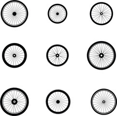 Minimalist bicycle wheel illustration set in black and white featuring detailed spoke designs vector icons isolated on white background