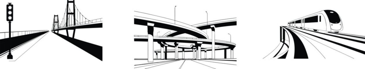 Modern urban transportation illustration of bridge highway interchange and train, minimal black white linear city infrastructure concept design background vector