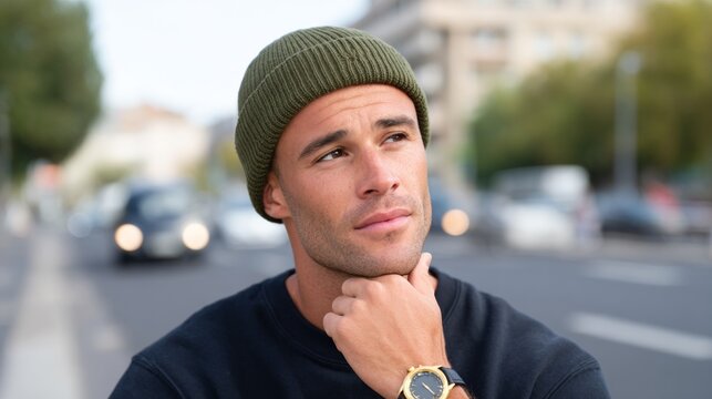 Man wearing green hat posing on street.