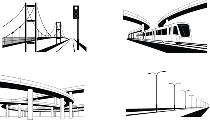 Urban transportation infrastructure illustration set of bridge highway interchange train and road, modern black white linear city design vector