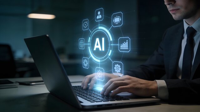 Man working on AI technology with laptop - Powered by Adobe