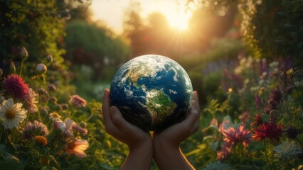 Hands holding Earth in a garden