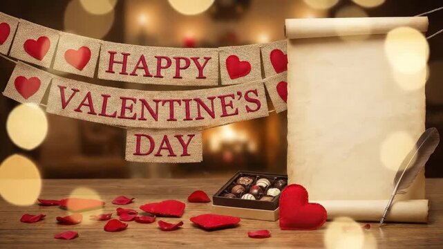 A charming, warm tabletop scene captures the essence of a heartfelt celebration. A rustic burlap banner with "HAPPY VALENTINE'S DAY" and red hearts hangs prominently, creating a festive backdrop. On t