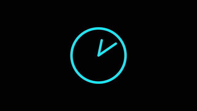 Cyan outline of a clock face with one hand pointing to the upper right on a black background time watch