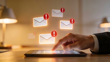 Hand using tablet with email icons