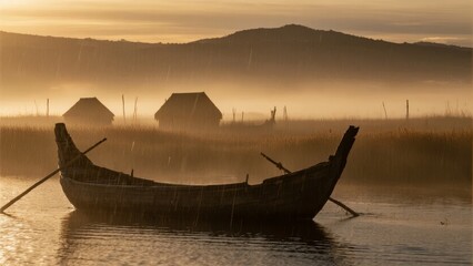 Silhouetted wooden boat on calm water at sunrise with misty landscape and distant huts