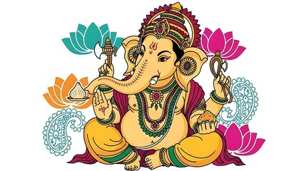 Colorful Artistic Illustration of Lord Ganesha Sitting with Lotus Flowers and Traditional Accessories